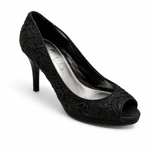 White House Black Market KYM Black Lace Peep Toe Pumps Size 6 Platform Heels